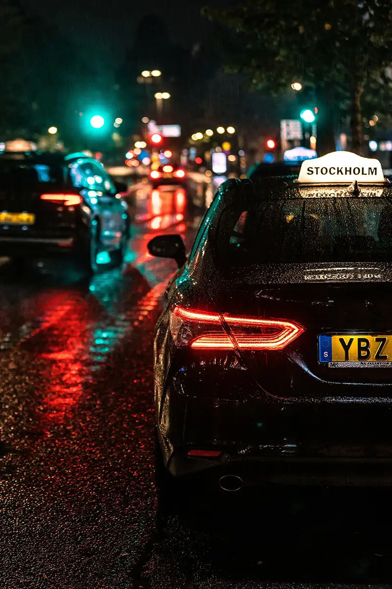 En mellemstor sportslimousine Taxa parkeret på en gade om natten. Scenen inkluderer bylys i baggrunden.